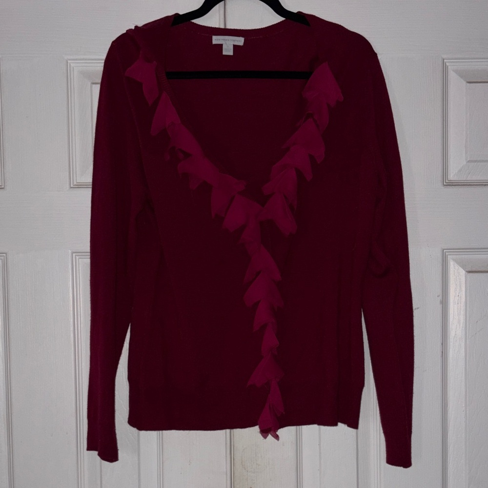 New York & Company Burgundy V-Neck Sweater with Ruffle